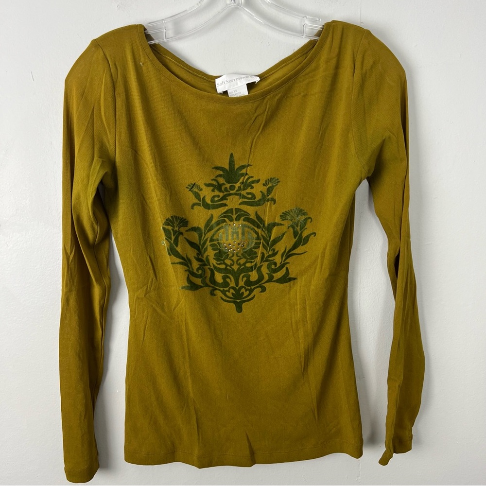 Soft Surroundings Y2K Mesh Mustard Long Sleeve Top with Green Velvet Design